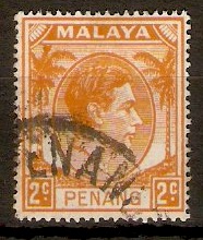 Penang 1949 2c Orange. SG4.